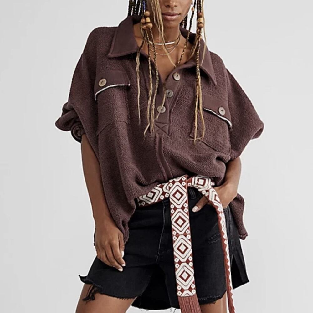Free People FP Beach Rowan Pullover Sweater Top Womens Size XL Dark Brown Flaws